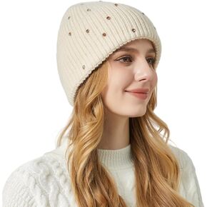 Caviotess Warm Wool Beanie Hats for Women Girls Sparkly Rhinestones Winter Hat Fluffy Knitted Skull Cap in Kuwait