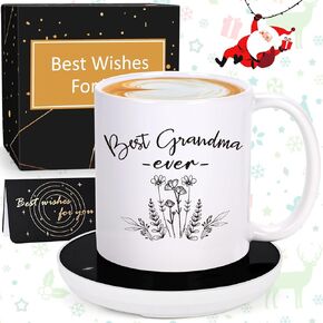 LiqCool Grandma Gifts, Best Grandma Ever Mug with Smart Warmer Coaster Set, Great for Grandma, Birthday for Grandmother & Promoted to Grandma(11 Oz White)