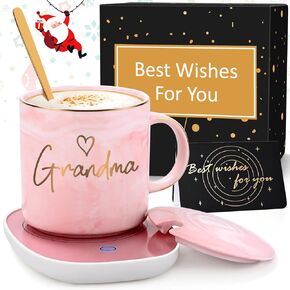 LiqCool Coffee Warmer for Desk & Grandma Marbled Coffee Mug Set, Best Grandma Christmas Gifts, Gifts for Grandma from Grandchildren, Birthday Gifts for Grandmother(12 Oz, Gift Box & Spoon)