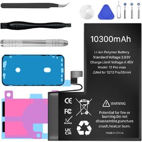 Battery for iPhone 12 Pro Max, 10300mAh 2024 New Upgrade Capacity Replacement Battery for iPhone 12 Pro Max Model A2410,A2411,A2412,A2342,with Complete Professional Repair Tool kit