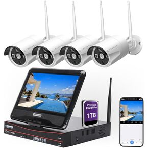Wireless Security Camera System 10CH Expandable with 10.1" Monitor 4pcs 3MP Indoor Outdoor Camera 1-Way Audio Night Vision Motion Detection Home Business CCTV Surveillance 1TB HDD