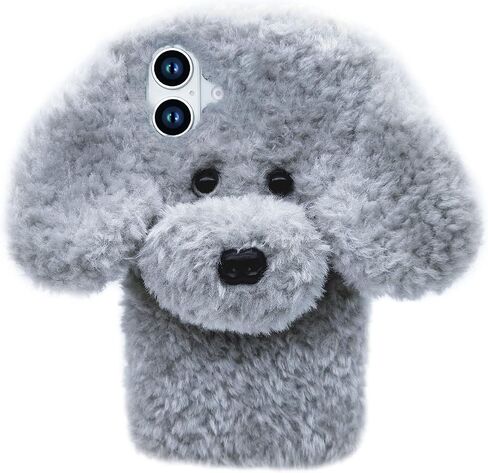 Losin Compatible with iPhone 16 Plus Case Cute Plush Furry Dog Phone Case for Women Girls Girly 3D Cartoon Kawaii Case Soft TPU Shockproof Protective Cover for iPhone 16 Plus, Gray in Saudi Arabia
