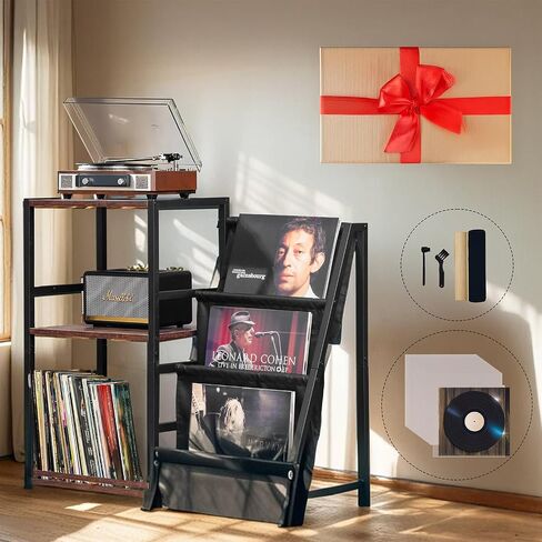 Himutain Record Player Stand & Record Cleaning Kit & Vinyl Sleeves Gifts Combo, Record Stand with Storage Up to 200 Albums, Turntable Stand & End Table for Living Room in Saudi Arabia