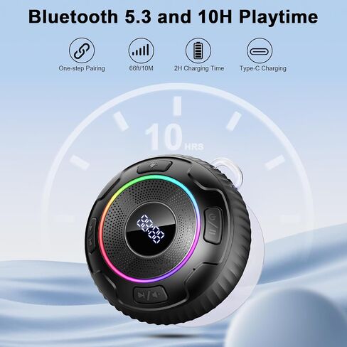 Bluetooth Shower Speaker, 2024 Portable Speakers Bluetooth 5.3 IPX7 Waterproof Wireless Speaker with LED Light, 360° Sound Mini Portable Speaker with Suction Cup and Hand Free Mic for Bathroom/Outdoor in Saudi Arabia