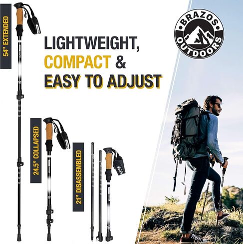 Brazos Trekking Poles for Hiking | Collapsible Walking Stick | 24" to 54" (Pair of 2) 9.7oz Ultra-Light Aluminum with Cork Grip | Hiking in All Terrains & Seasons in Kuwait