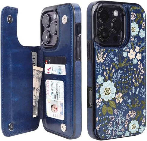 uCOLOR Compatible with iPhone 16 Pro 6.3" Wallet Case with Card Holder Slot Folio Flip PU Leather Kickstand Double Magnetic Clasp and RFID Blocking Design Cover 6.3 Inch (Blue Daisy) in Kuwait