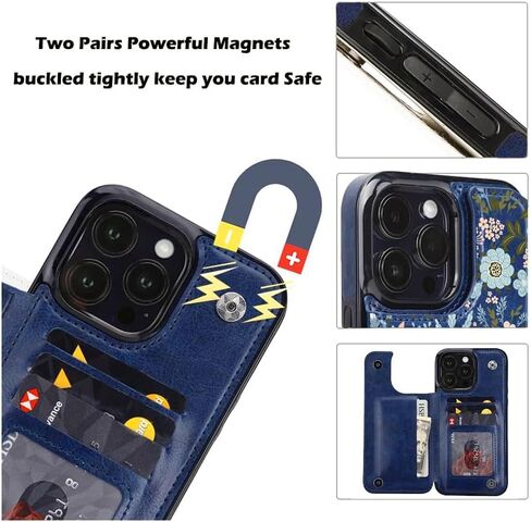 uCOLOR Compatible with iPhone 16 Pro 6.3" Wallet Case with Card Holder Slot Folio Flip PU Leather Kickstand Double Magnetic Clasp and RFID Blocking Design Cover 6.3 Inch (Blue Daisy) in Kuwait