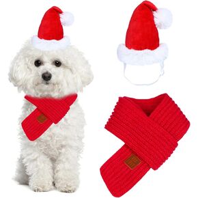 Christmas Dog Santa Hat and Scarf, Dog Christmas Outfit Adjustable Dog Christmas Hat Knitted Dog Christmas Scarf Holiday Dog Outfit for Small Medium Large Dogs Pets (Large)