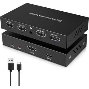HDMI Splitter 1 in 4 Out, 1x4 Power HDMI Splitter 4 Ports w/AC Adapter, 4k@60hz Splitter Copy 1 Source to 4 HDMI Displays, HDMI Switcher Selector Support 3D Full HD Distributor, EDID Adaptive
