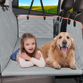 Back Seat Extender for Dogs, Car Dog Seat Cover Hard Bottom, Waterproof Dog Car Hammock with Mesh Window & Storage Pocket, Scratch Proof Nonslip Dog Seat Cover for Car Truck and SUV