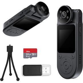 Body Cameras Video Recording, 1080P Personal Body Camera with 180° Rotating Lens, 7HR Battery, 1.5" Screen, Night Vision, 64GB Body Worn Camera for Civilians (No WiFi)