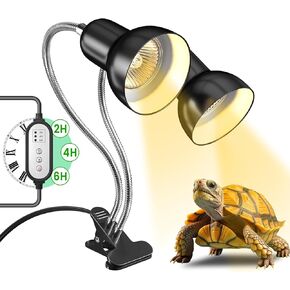 Reptile Heat Lamp,Dual-Head Turtle Heat Lamp with Cycle Timer,360° Rotatable Basking Lamp with Clamp,Heat Lamp for Lizard,Chick,Bearded Dragon-No Bulb