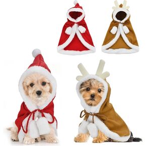 Cat Puppy Red Cloak with Santa Hat Dog Christmas Deer Costume Outfit with Elk Antlers Hat Cute Elk Santa Apparel Pet Cape for Cats Puppy 2pcs L