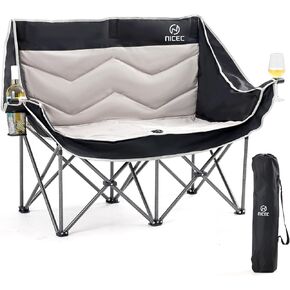 Nice C Double Camping Chair, Oversized Camping Loveseat, Padded Folding Loveseat, Camping Couch, Portable Camp Chair with Wine Glass Holder, Carry Bag for Lawn, Beach, Camping (Black)