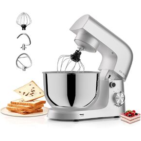 Stand Mixer, Dough Mixer, Cake Mixer, Kitchen Mixer with Bowl SS 5.5 QT, Copper Motor, Kitchen Electric Standing Mixer with Beater, Dough Hook, SS Egg Whisk (300W Siliver)