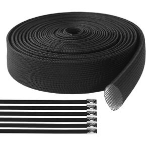 20FT x 1" ID Fiberglass Hose Protector Sleeve Black Protective Cover Hose Sheath Hydraulic Spark Plug Wire Heat Shield Sleeve for Automotive Hose Lines, Electrical Wiring Protection,Cord Tig