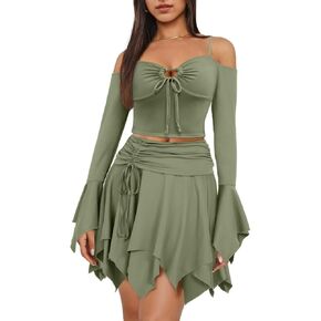 PRIVIMIX Womens Y2K 2 Piece Skirt Set Bell Sleeve Crop Top Ruffled Mini Skirts Fairy Dresses