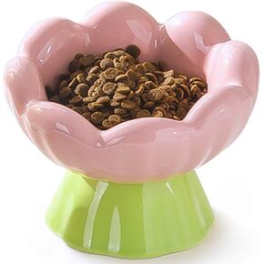 Ceramic Raised Cat Bowl, Shallow Wide, Anti-Vomiting and Whisker Fatigue, Non-Slip, Tilted Cute Flower Cat Food and Water Bowls for Indoor Cats, Pink