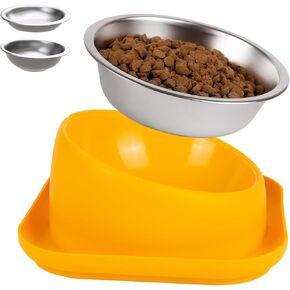 Rabeel Elevated Tilted Cat Food Bowls – Stainless Steel & Slanted Design for Indoor Cats, Whisker-Friendly & Shallow Dishes 3-in1 Design Feeding Solution for Cats Durable and Easy to Clean (Yellow)