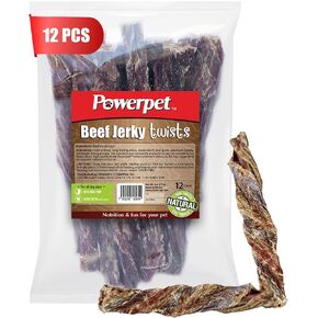 Powerpet Treats Beef Jerky Twists - 100% Natural Dog Chews - High Protein, Low Fat - Made from Premium Beef Esophagus - Promotes Dental Health - Long-Lasting Treats - Great for All Breeds - Pack of 12