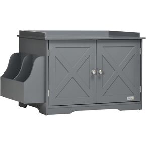 PawHut Wide & Large Cat Litter Box Furniture Hidden Farmhouse Table with Magnetic Doors, Big Covered Kitty Litter Box Enclosure Cabinet with Shelves, Pet Furniture Cat Gift Side Table, Grey