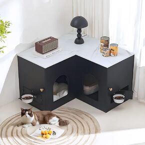Corner Litter Box Enclosure for 2 Cats, Hidden Litter Box Furniture, Litter Box Cabinet with Double Room, Indoor Cat House End Table, 31.5 x 17.7 x 19.7 in, White