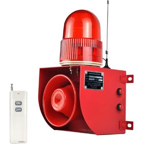 Outdoor-Indoor Alarm Siren Wireless Waterproof 0.3 Mile Remote Control Emergency Security Siren with 0-120dB Adjustabl, 12 Tone Switchable for Home Industrial School AC110-120V