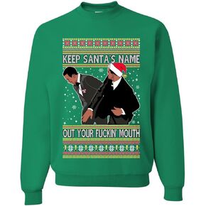 Shark & Hammer Keep Santa's Name Out Your Mouth Ugly Christmas Sweater Crewneck Sweatshirt, Kelly, X-Large