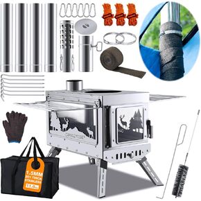 CHANGE MOORE Hot Tent Stove, Outdoor Portable Wood Burning Stove with Chimney Pipe Anti-scalding Cloth - Three-sided 1832℉ High Temperature Glass, 1.5mm Premium 201 Stainless Steel Camping Tent Stove