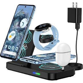 4 in 1 Foldable Wireless Charger for Google Pixel Watch 3/2, Charging Stand for Pixel 9 Pro/9 Pro XL/9/8 Pro/8a/8/7/Pro/7/6, Pixel Buds Pro/2,Portable Wireless Charging Station with 24W Adapter