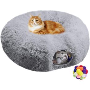 Indoor Cat Tunnel Bed, Soft Round Cute Cat Donut Tunnel, Multifunctional Cat Playground Toys with Washable Circle Cushion, Pet Play Tunnels Toy for Kitten/Puppy/Rabbit/Ferret (Grey)