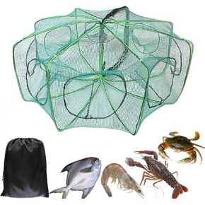 Foldable Fishing Bait Trap 32×10 inch, 8 Holes /10 Holes Folded Fishing Nets for Minnow Crab Shrimp Crawdad Crayfish, Portable Nylon Mesh Net Fishing Equipment