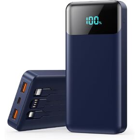 Portable Charger 40800mAh Power Bank with 3 Built-in Cable,25W PD USB C in&Out Power Bank Fast Phone Charging,QC4.0 LED Display Portable Battery Pack Compatible with iPhone 16/15,Samsung Android-Black
