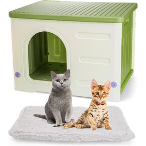 Plastic Cat House Indoor Outdoor, Waterproof Pet Shelter with Escape Door Cushion, Sturdy Large Pet House for Dogs, Puppy, Rabbit, Easy Assemble Clean, Green