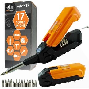 Kelvin Tools Kelvin 17 | The Palm-Sized Everyday Multi-Tool Set | 17 Integrated Tools: 13 Bit Screwdriver Set, Tape Measure, Liquid Level, Hammer, and Flashlight (Orange)