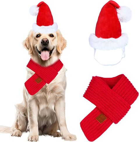 Christmas Dog Santa Hat and Scarf, Dog Christmas Outfit Adjustable Dog Christmas Hat Knitted Dog Christmas Scarf Holiday Dog Outfit for Small Medium Large Dogs Pets (Large) in Saudi Arabia