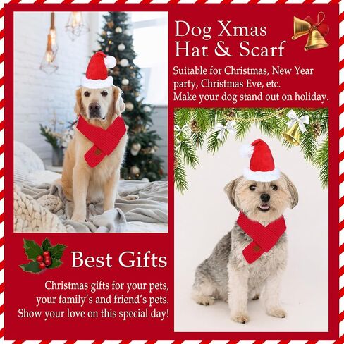 Christmas Dog Santa Hat and Scarf, Dog Christmas Outfit Adjustable Dog Christmas Hat Knitted Dog Christmas Scarf Holiday Dog Outfit for Small Medium Large Dogs Pets (Large) in Saudi Arabia