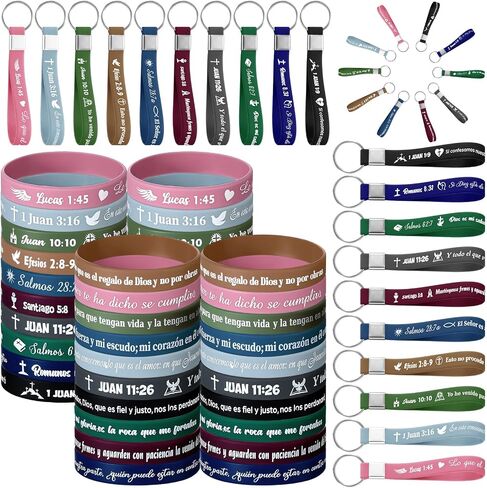 Skylety 120 Pcs Spanish Bible Verse Bracelets Keychain Set Spanish Christian Keychains Bible Silicone Bracelets Spanish Christian Quote Gifts for Women Men in Saudi Arabia