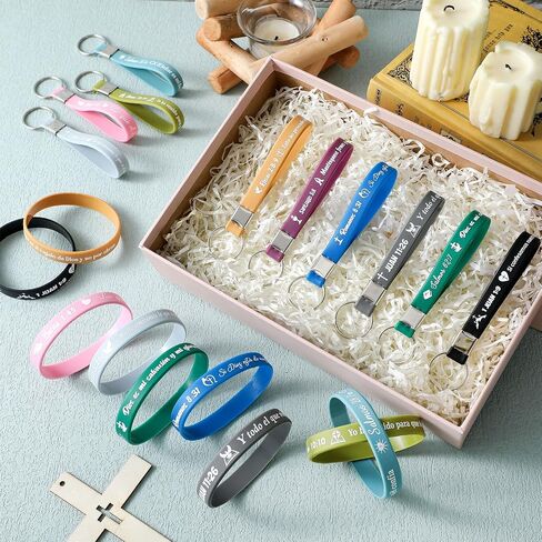 Skylety 120 Pcs Spanish Bible Verse Bracelets Keychain Set Spanish Christian Keychains Bible Silicone Bracelets Spanish Christian Quote Gifts for Women Men in Saudi Arabia