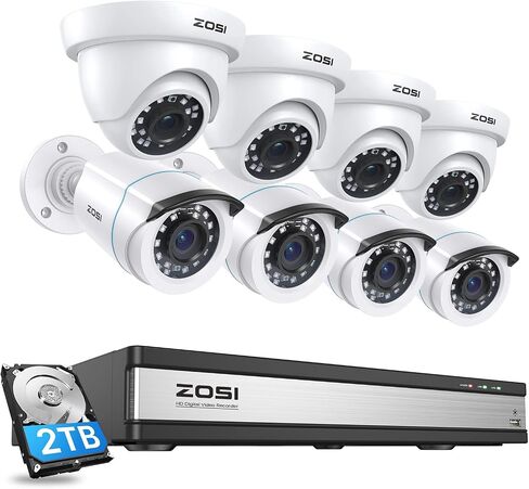 ZOSI Full 1080p 16 Channel Home Security Camera System with AI Human Vehicle Detect, 8 x 1080p Weatherproof CCTV Bullet Dome Camera Outdoor, H.265+ 16CH DVR with 2TB HDD, Night Vision, Alert Push in Kuwait