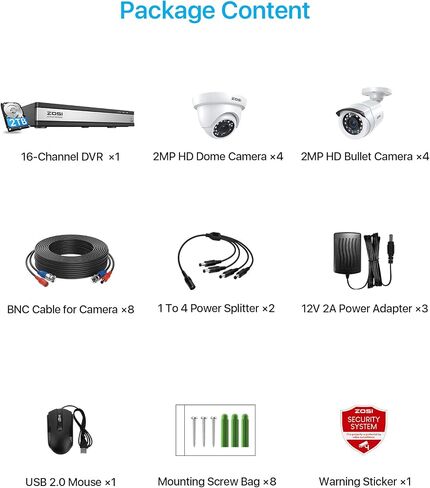 ZOSI Full 1080p 16 Channel Home Security Camera System with AI Human Vehicle Detect, 8 x 1080p Weatherproof CCTV Bullet Dome Camera Outdoor, H.265+ 16CH DVR with 2TB HDD, Night Vision, Alert Push in Kuwait