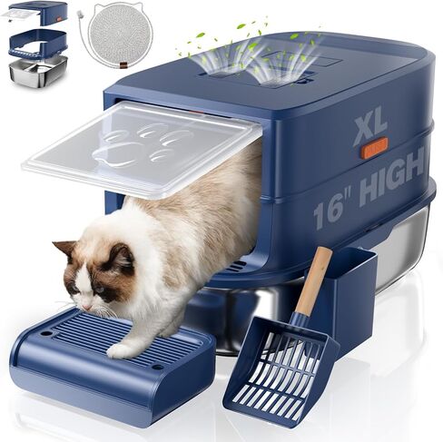 Stainless Steel Cat Litter Box with Lid-Covered Litter Box, Extra Large Metal Litter Box, Easy to Clean for Multiple Cats, Includes Scratch Pad and Cat Scratcher Mat-3-in-1 Enclosed Cat Litter Boxes in Saudi Arabia