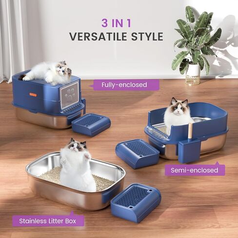 Stainless Steel Cat Litter Box with Lid-Covered Litter Box, Extra Large Metal Litter Box, Easy to Clean for Multiple Cats, Includes Scratch Pad and Cat Scratcher Mat-3-in-1 Enclosed Cat Litter Boxes in Saudi Arabia
