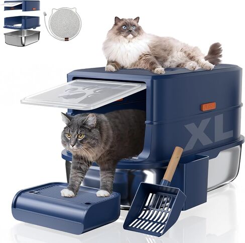Stainless Steel Cat Litter Box with Lid-Covered Litter Box, Extra Large Metal Litter Box, Easy to Clean for Multiple Cats, Includes Scratch Pad and Cat Scratcher Mat-3-in-1 Enclosed Cat Litter Boxes in Saudi Arabia
