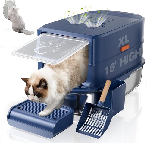 Stainless Steel Cat Litter Box with Lid-Covered Litter Box, Extra Large Metal Litter Box, Easy to Clean for Multiple Cats, Includes Scratch Pad and Cat Scratcher Mat-3-in-1 Enclosed Cat Litter Boxes in Saudi Arabia