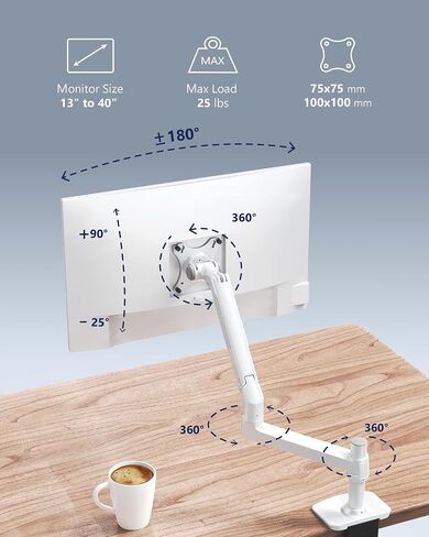 Single Monitor Arm Desk Mount, Holds Screens up to 40 Inches and 25 lbs, Fully Adjustable Vesa Monitor Mount with C-Clamp and Grommet Base, Aluminum, Silver in Kuwait