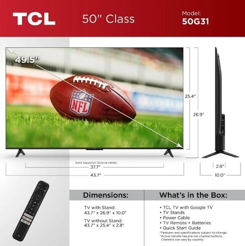 تلفزيون TCL الذكي 50 بوصة فئة 4 سلسلة 4K UHD HDR LED Google TV Wi-Fi، Chromecast مدمج مع Dolby Vision، HDR10+، وضع اللعب التلقائي، متوافق مع Alexa، Google Assistant 50G31 (متجدد) in Saudi Arabia