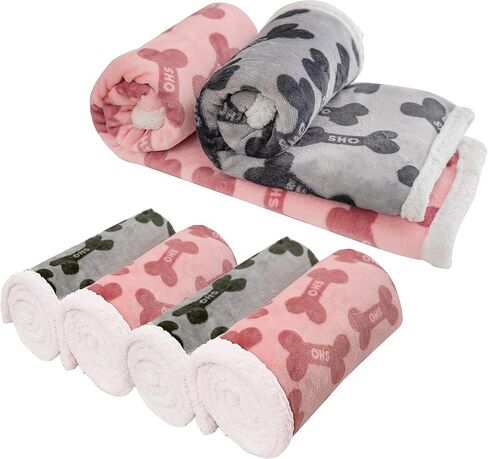 Dog Blankets 6 Pack Flannel Fleece Sherpa Puppy Throw Blankets Bulk 30x43 Inch Warm Sleeping Ultra Soft Bone Printed Plush Fluffy Paw Mat for Pet Couch Bed, Grey and Pink in Saudi Arabia