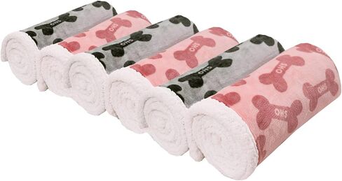 Dog Blankets 6 Pack Flannel Fleece Sherpa Puppy Throw Blankets Bulk 30x43 Inch Warm Sleeping Ultra Soft Bone Printed Plush Fluffy Paw Mat for Pet Couch Bed, Grey and Pink in Saudi Arabia