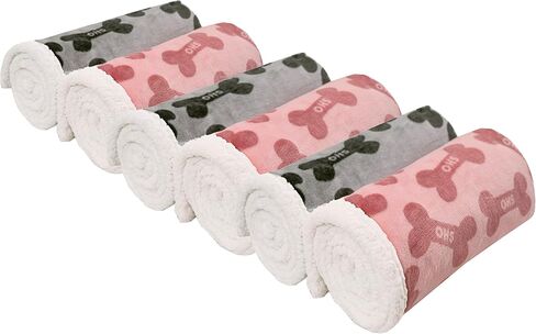 Dog Blankets 6 Pack Flannel Fleece Sherpa Puppy Throw Blankets Bulk 30x43 Inch Warm Sleeping Ultra Soft Bone Printed Plush Fluffy Paw Mat for Pet Couch Bed, Grey and Pink in Saudi Arabia